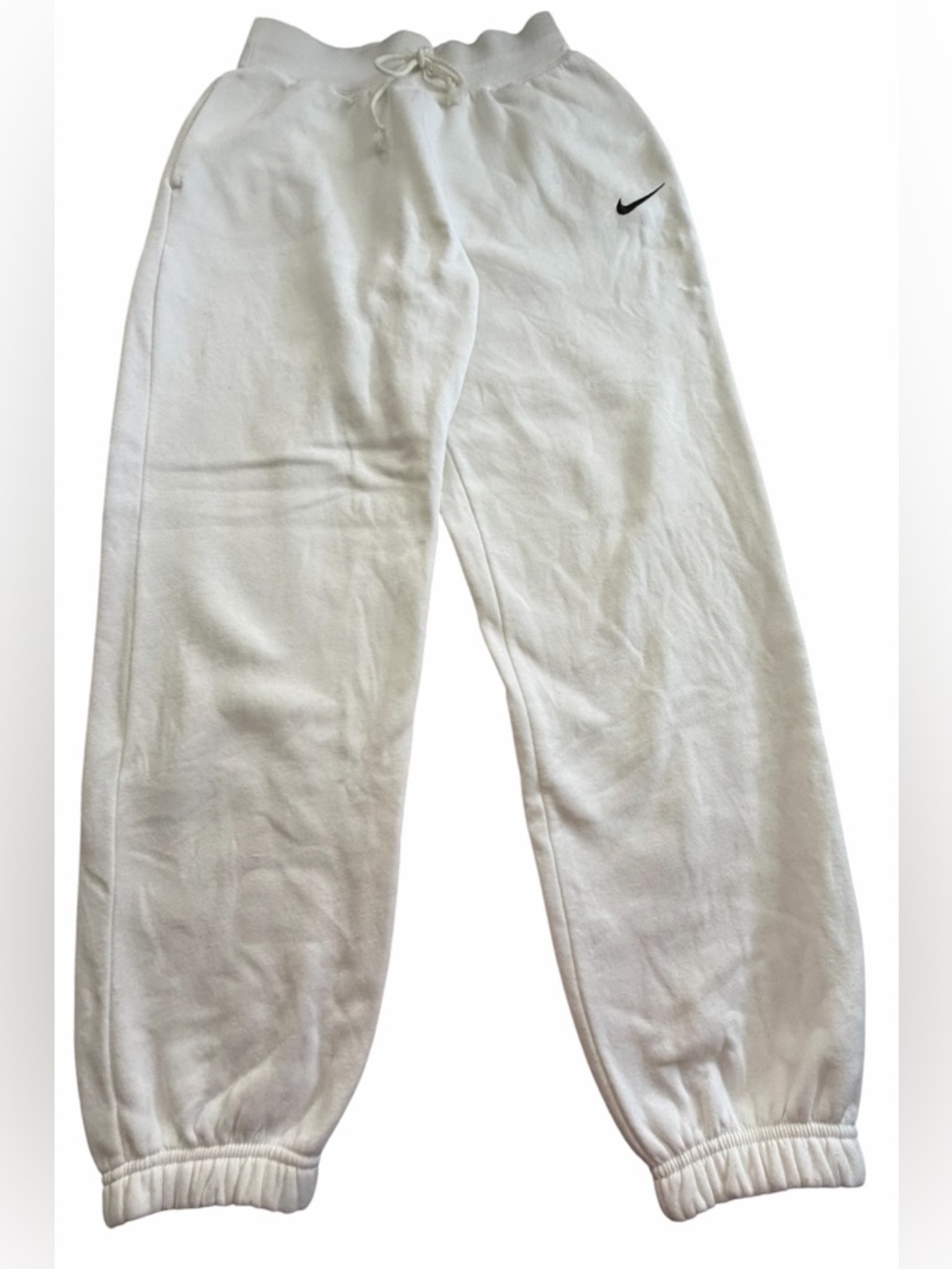 Nike White Fleece Jogger Sweatpants with Black Swoosh and Pockets, Size S